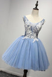 Scoop court bleu tulle robe de bal robes de soirée avec appliques PG122