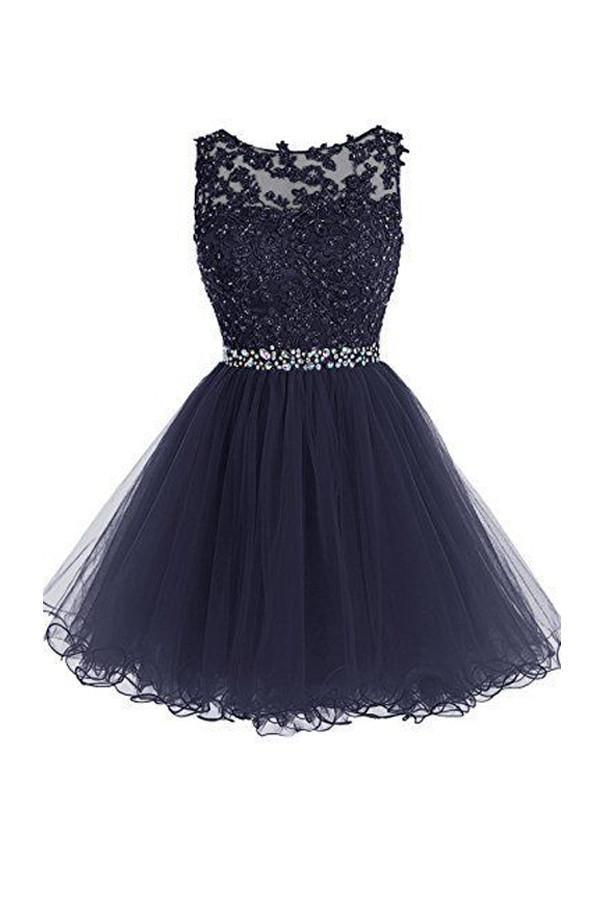 Scoop Short Nave Blue Zipper-up Tulle Homecoming Dress With Beading PG096 - Tirdress