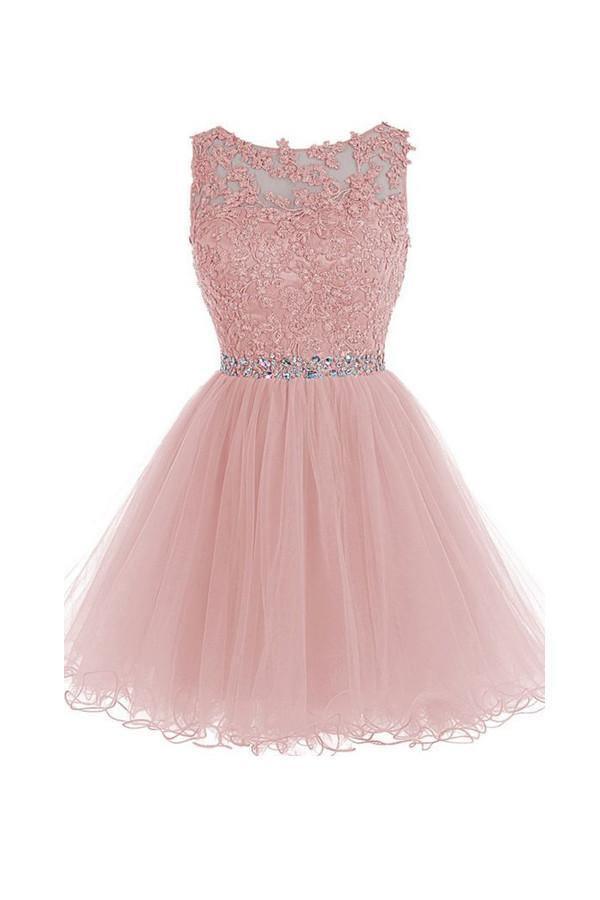Scoop Short Pink Zipper-up Tulle Homecoming Dress With Beading PG097 - Tirdress