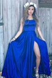 Scoop Split Side Royal Blue Criss-Cross Straps Satin Prom Dress PG500 - Tirdress