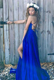 Scoop Split Side Royal Blue Criss-Cross Straps Satin Prom Dress PG500 - Tirdress