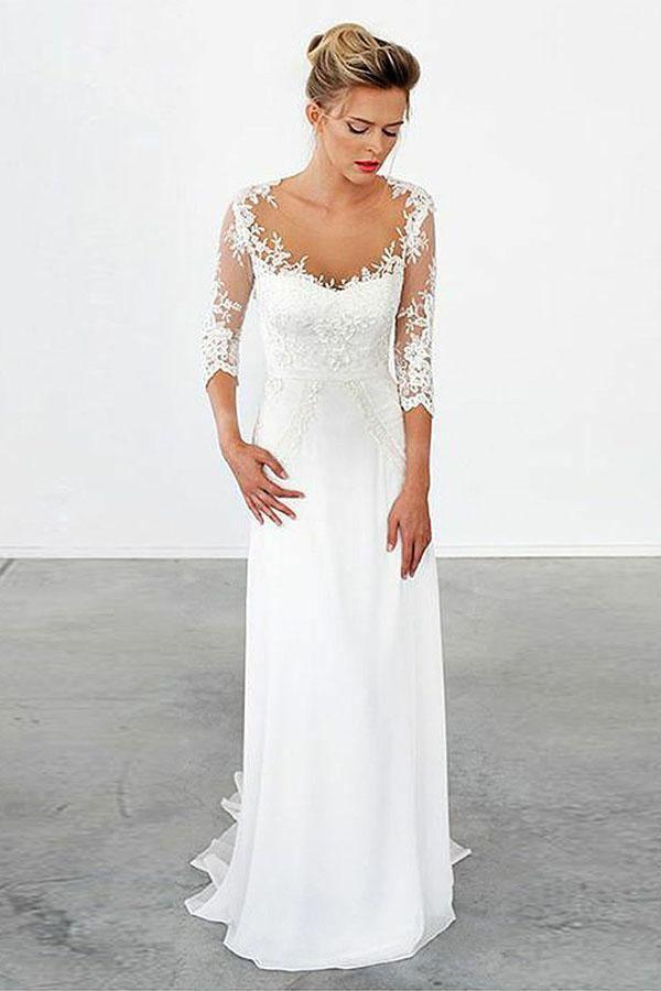 Scoop Sweep Train Chiffon Appliques Wedding Dress with Sleeves WD149 - Tirdress