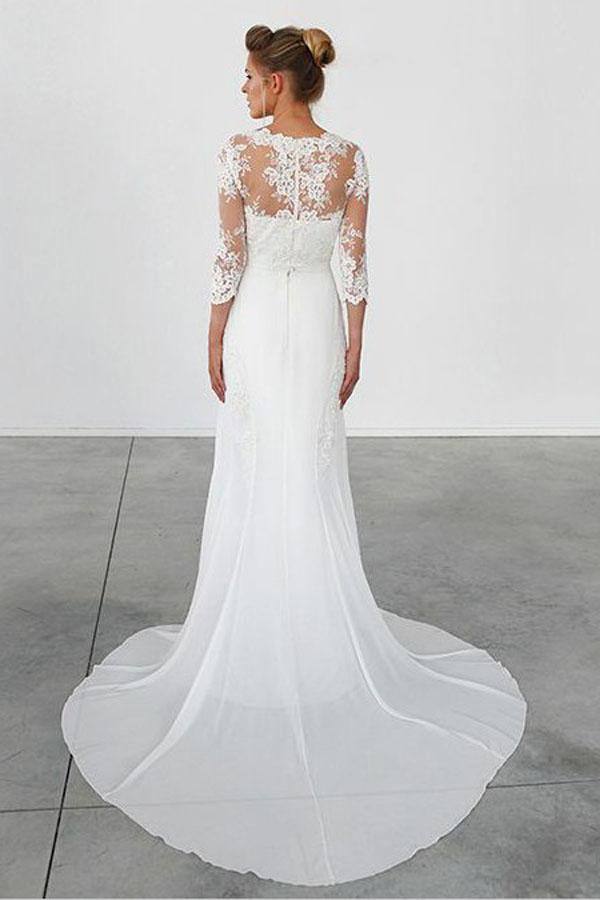 Scoop Sweep Train Chiffon Appliques Wedding Dress with Sleeves WD149 - Tirdress