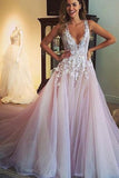 Scoop V-neck Long Wedding Dress/Prom Dress with Appliques PG359 - Tirdress