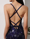 Sequined Navy Blue Mermaid Prom Dress TP0960 - Tirdress