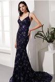 Sequined Navy Blue Mermaid Prom Dress TP0960