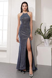 Sexy Sirène Halter Gris Longue Robe De Soirée De Bal Fendue Devant TP0962