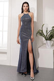 Sexy Mermaid Halter Gray Long Prom Evening Dress Split Front TP0962