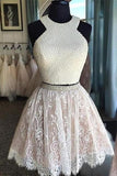 Two Pieces Halter Lace Skirt Pearls Bodice Cute Homecoming Dresses TR0023