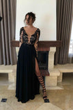Sexy schwarzes Langarm-Abschlussballkleid mit geteilter Spitze und Abendkleider PG341