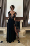 Sexy Black Long Sleeve Split Lace Prom Dress Evening Dresses PG341 - Tirdress