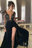 Sexy Black Long Sleeve Split Lace Prom Dress Evening Dresses PG341 - Tirdress