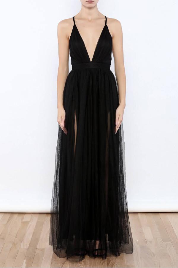 Sexy Black V Neck Side Slit Tulle Evening Gowns Prom Dresses PG367 - Tirdress