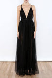 Sexy Black V Neck Side Slit Tulle Evening Gowns Prom Dresses PG367