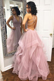 Sexy Deep V Neck Ruffles Pink Long Prom Dress with Criss Cross Back TP0840