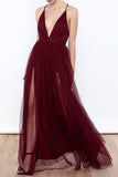 Sexy Deep V Neck Tulle High Slit Burgundy Prom Dresses Evening Dresses PG373 - Tirdress
