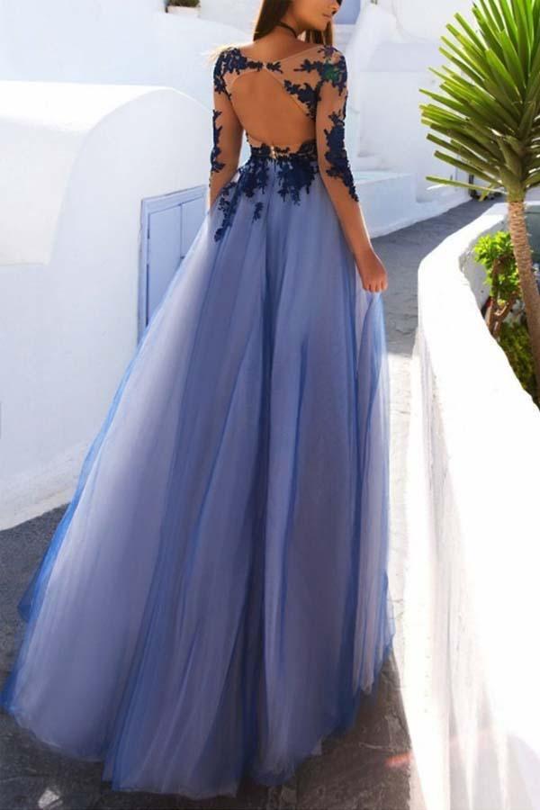 Sexy Long Sleeves Blue Lace Open Back Prom Dresses Evening Dresses TP0929 - Tirdress
