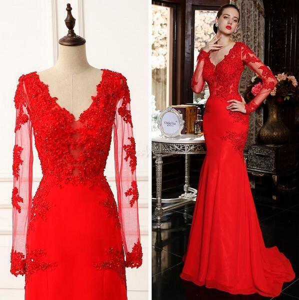 Sexy Mermaid Long Sleeves Sweep Train Prom Dresses With Lace Appliques PG333 - Tirdress