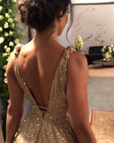 Sexy V Neck Gold Sequin Empire Long Prom Dress Evening Dress TP0948 - Tirdress