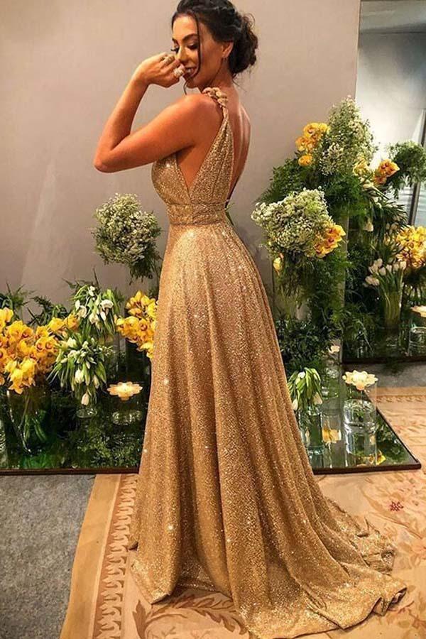 Sexy V Neck Gold Sequin Empire Long Prom Dress Evening Dress TP0948 - Tirdress