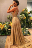 Sexy V Neck Gold Sequin Empire Long Prom Dress Evening Dress TP0948
