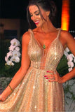 Sexy V Neck Gold Sequin Empire Long Prom Dress Evening Dress TP0948 - Tirdress