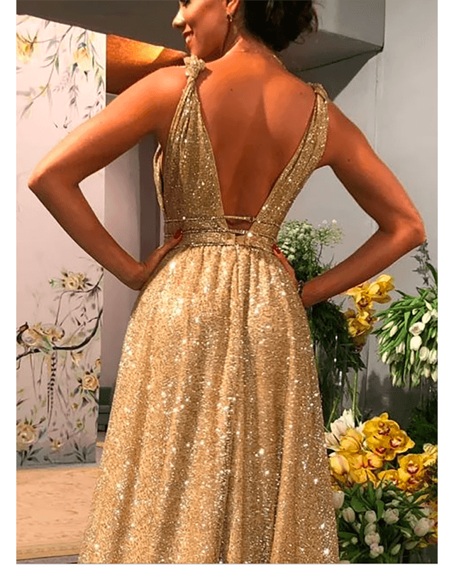 Sexy V Neck Gold Sequin Empire Long Prom Dress Evening Dress TP0948 - Tirdress