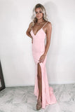 Sexy V Neck Mermaid Pink Prom Dress Evening Dress with Slit TP1006