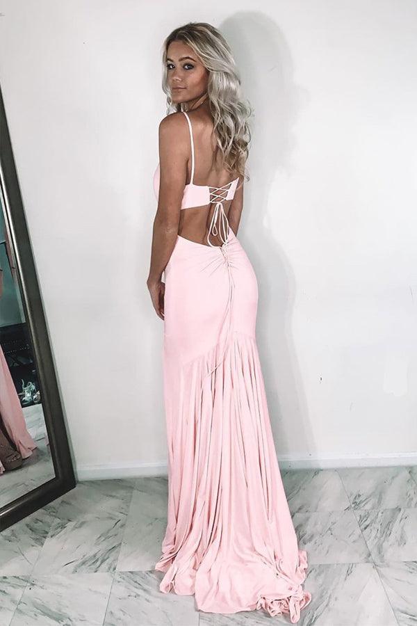 Sexy V Neck Mermaid Pink Prom Dress Evening Dress with Slit TP1006 - Tirdress