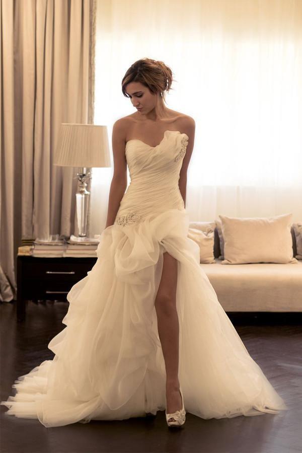 fit and flare wedding dress with ruffles F191059 V-neck Lace & Organza Wedding Dress with Ruffled Skirt