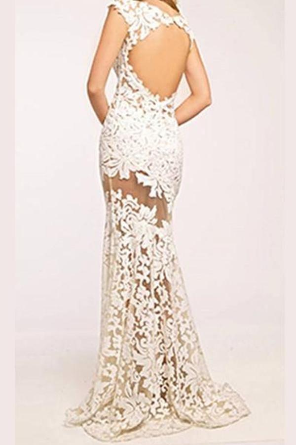 Sheer Trumpet Floral Keyhole Back Wedding Dress With Lace Appliques TP0140 - Tirdress