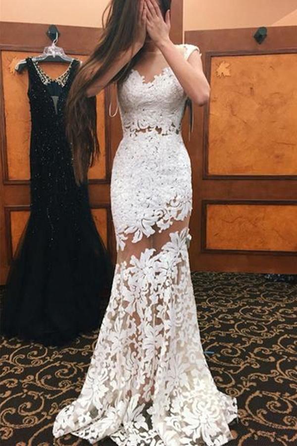 Sheer Trumpet Floral Keyhole Back Wedding Dress With Lace Appliques TP0140 - Tirdress