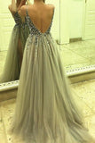 Sexy Side Split leeveless Tulle Evening Dress,Long Beading A Line Prom Dresses TP0884 - Tirdress