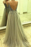 Sexy Side Split leeveless Tulle Evening Dress,Long Beading A Line Prom Dresses TP0838 - Tirdress