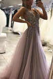 Sexy Split Sleeveless Tulle Evening Dress Long Beading Prom Dresses TP0838