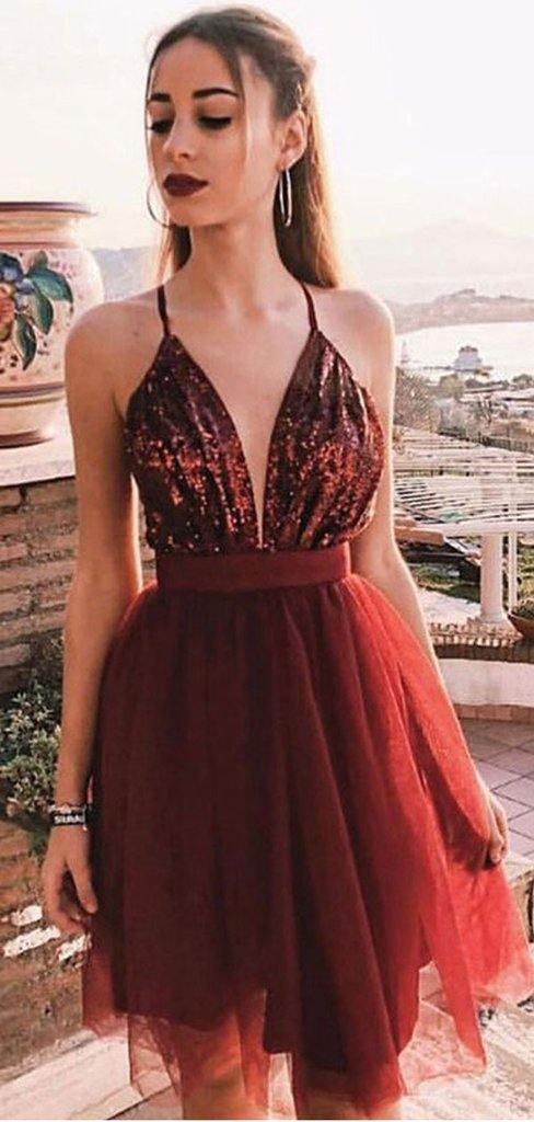 Sexy Spaghetti Straps Tulle A Line With Sequin Short Homecoming Dress HD0107 - Tirdress