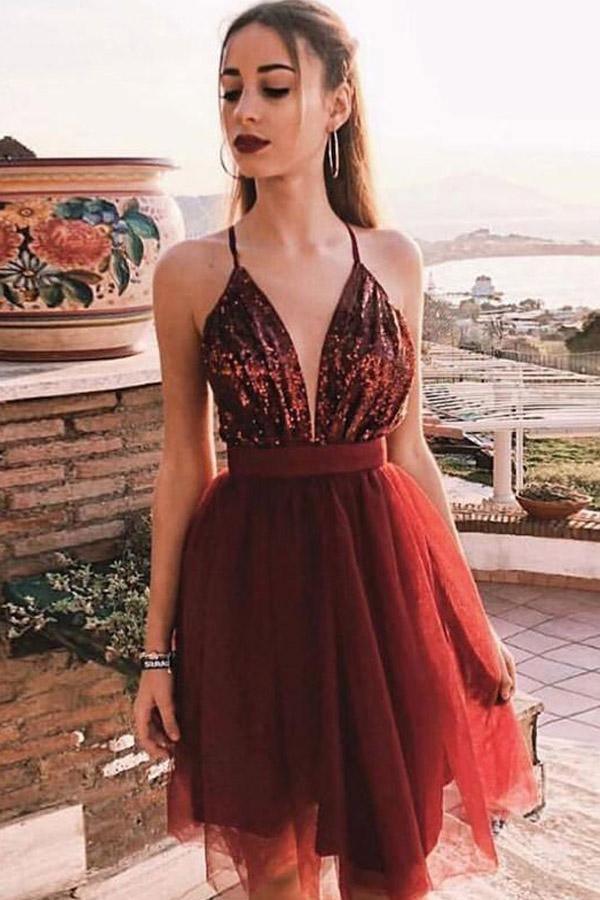 Sexy Spaghetti Straps Tulle A Line With Sequin Short Homecoming Dress HD0107 - Tirdress