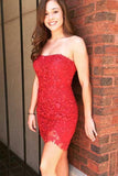 Sexy Strapless Tight Red Lace Short Prom Dress Homecoming Dress HD0111