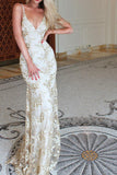 V-Neck Mermaid Sequined Lace Spaghetti Straps Backless Long Prom Dresses TP0878 - Tirdress