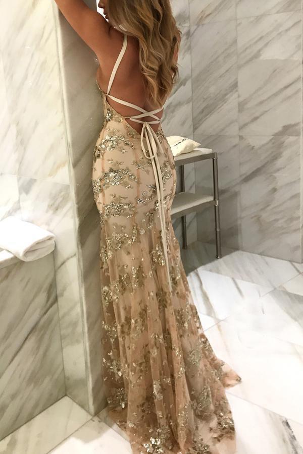 V-Neck Mermaid Sequined Lace Spaghetti Straps Backless Long Prom Dresses TP0878 - Tirdress