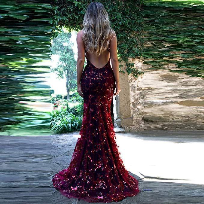 V-Neck Mermaid Sequined Lace Spaghetti Straps Backless Long Prom Dresses TP0878 - Tirdress