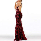 V-Neck Mermaid Sequined Lace Spaghetti Straps Backless Long Prom Dresses TP0878 - Tirdress