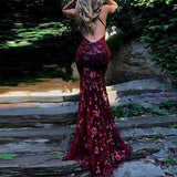 V-Neck Mermaid Sequined Lace Spaghetti Straps Backless Long Prom Dresses TP0878 - Tirdress