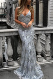V-Neck Mermaid Sequined Lace Spaghetti Straps Backless Long Prom Dresses TP0878