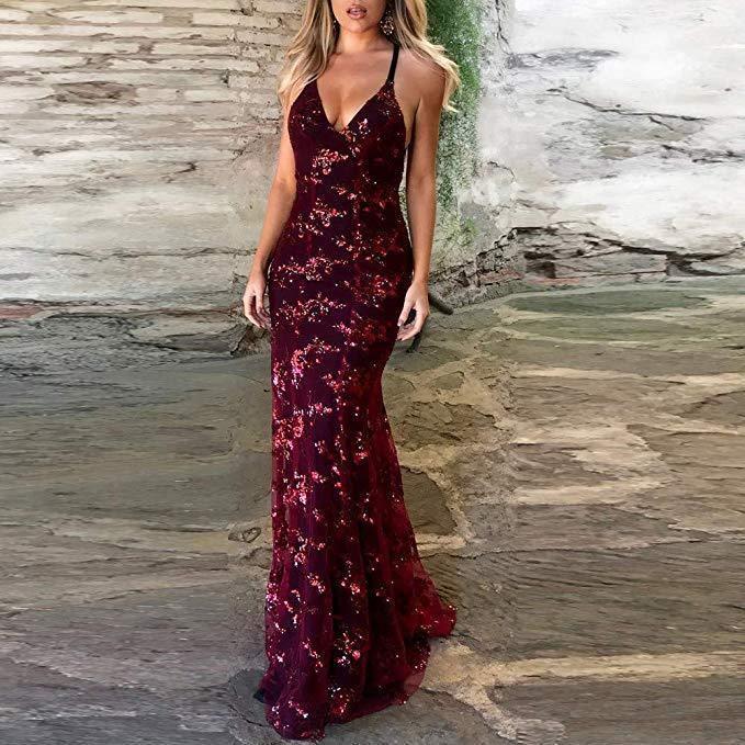 Sexy V-Neck Mermaid Sequined Lace Spaghetti Strips Backless Long Prom Dresses TP0837 - Tirdress