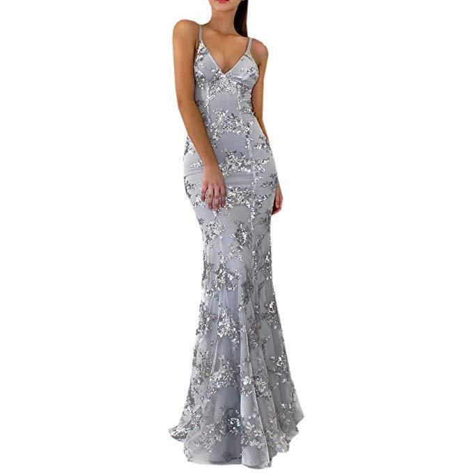 Sexy V-Neck Mermaid Sequined Lace Spaghetti Strips Backless Long Prom Dresses TP0837 - Tirdress
