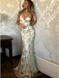 Sexy V-Neck Mermaid Sequined Lace Spaghetti Strips Backless Long Prom Dresses TP0837 - Tirdress