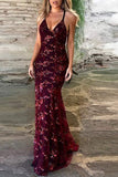 V-Neck Mermaid Sequined Lace Spaghetti Straps Backless Long Prom Dresses TP0878 - Tirdress