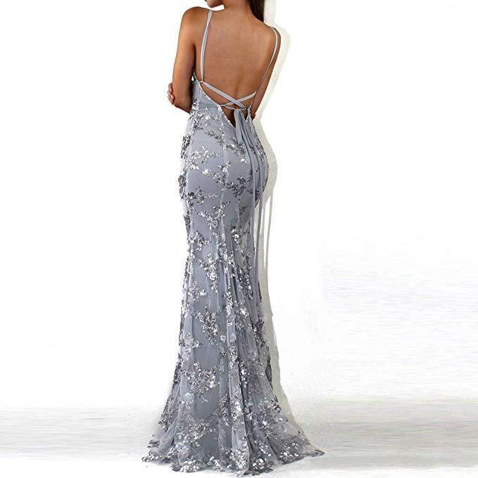 Sexy V-Neck Mermaid Sequined Lace Spaghetti Strips Backless Long Prom Dresses TP0837 - Tirdress