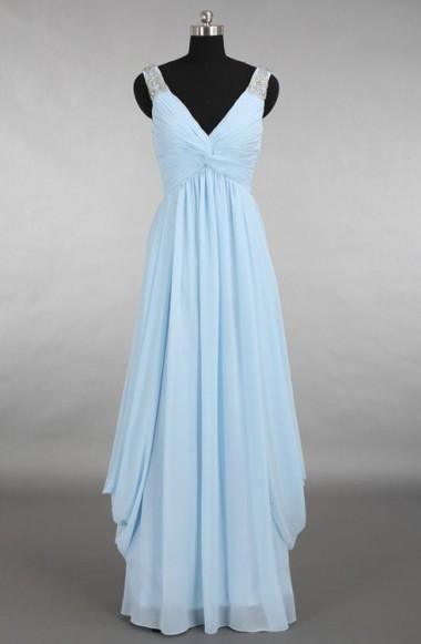 Sexy V-neck Chiffon Light Blue Long Bridesmaid Dress With Beading TY0029 - Tirdress